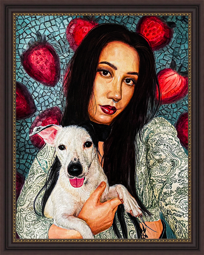 Woman holding a white dog watercolor painting